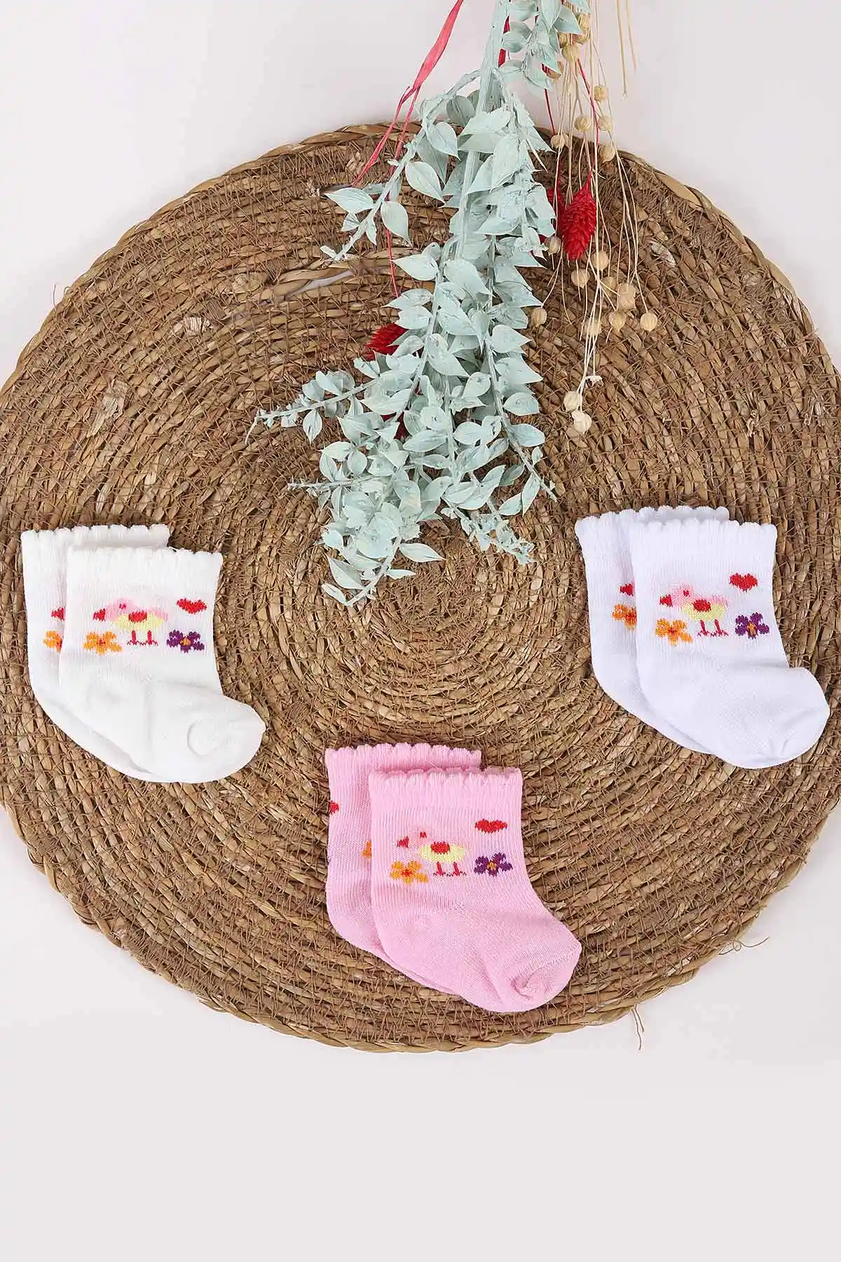 Çoklu Renk (0-1 Yaş)Karışık Desenli Kız Bebek  3'lü Çorap Set 452424