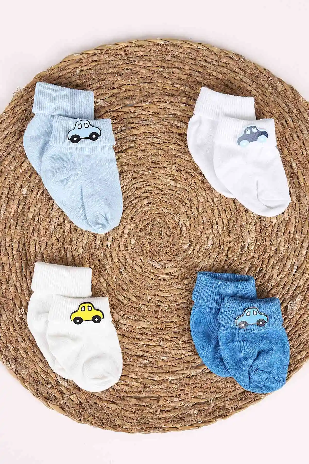 Çoklu Renk (0-12 Ay) Araba Nakışlı 4'lü Erkek Bebek Çorap 468543