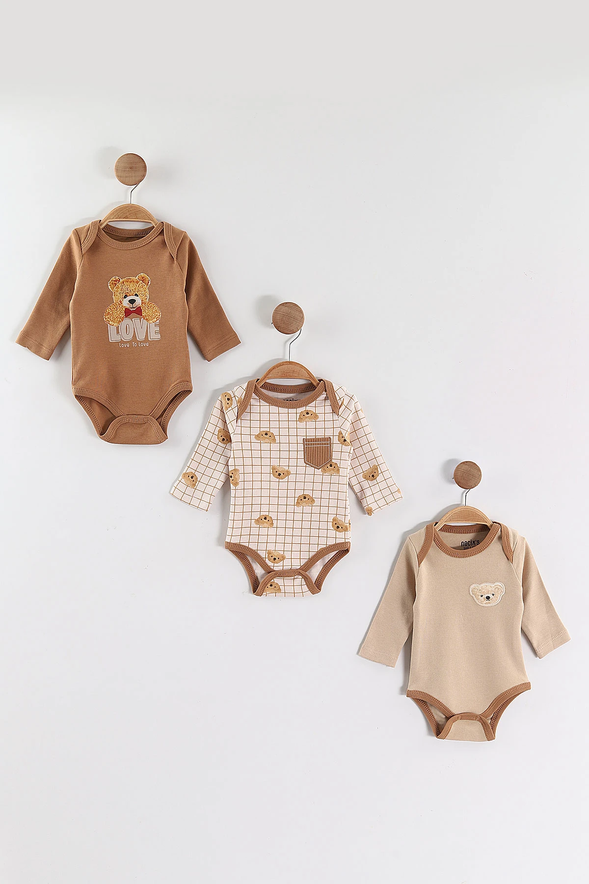 Çoklu Renk (0-6 Ay) Ayıcık Baskılı  Uzun Kol 3'lü  Bebek Çıtçıtlı Badi 388450 468675