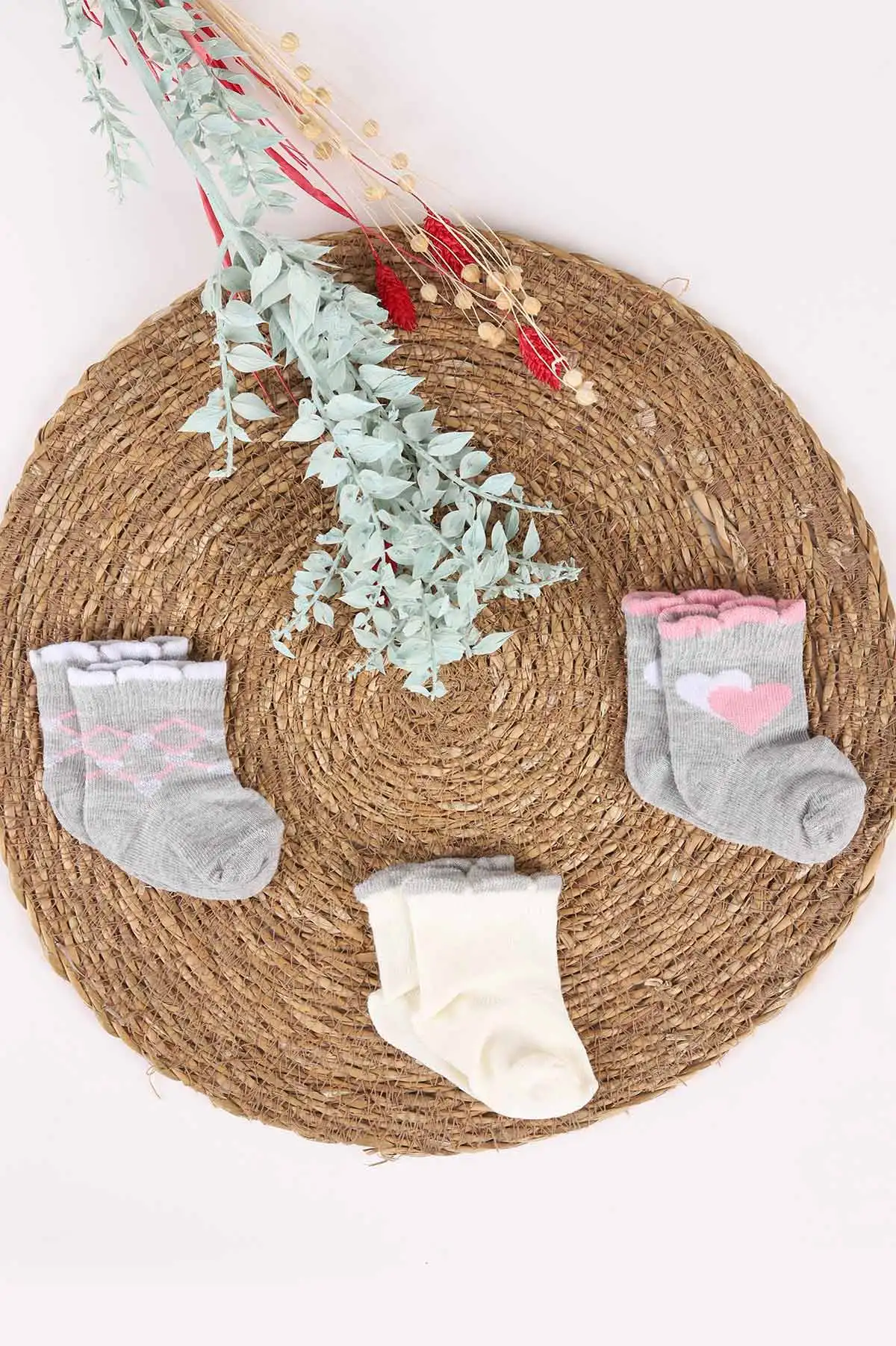Çoklu Renk (0-6 Ay) Karışık Desen 3'lü Kız Bebek Çorap 467395
