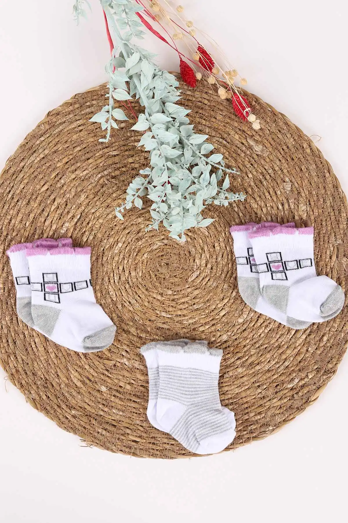 Çoklu Renk (0-6 Ay) Karışık Desen 3'lü Kız Bebek Çorap 467398