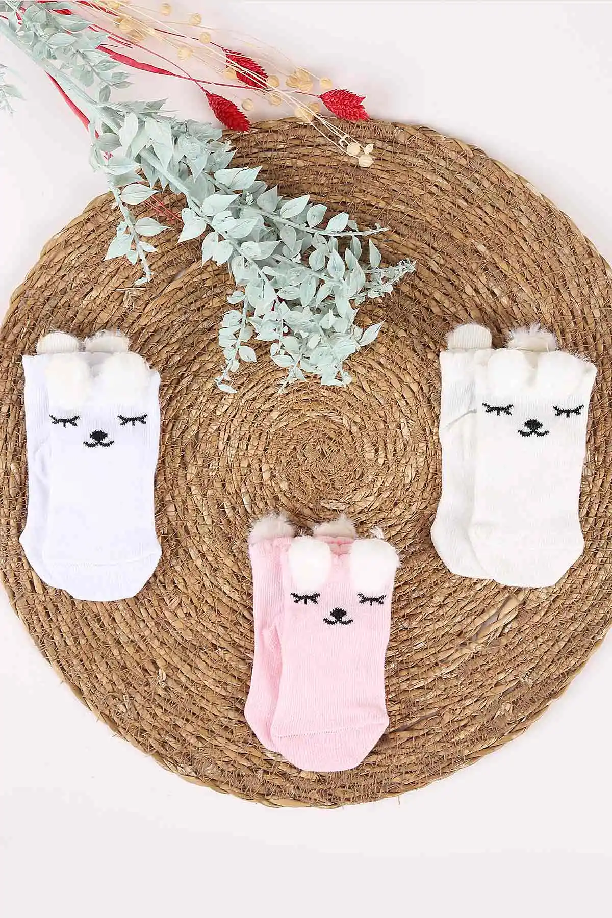 Çoklu Renk (0-6 Ay) Kulaklı Kedi Baskılı 3'lü  Kız Bebek Çorap 467513
