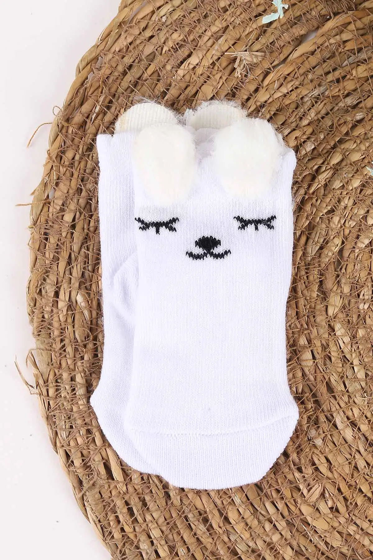Çoklu Renk (0-6 Ay) Kulaklı Kedi Baskılı 3'lü  Kız Bebek Çorap 467513