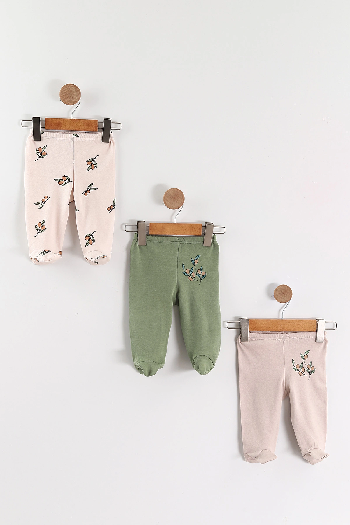 Çoklu Renk (0-6 Ay)Zeytin Desenli Patikli Kız Bebek 3'lü Pijama Alt 469252