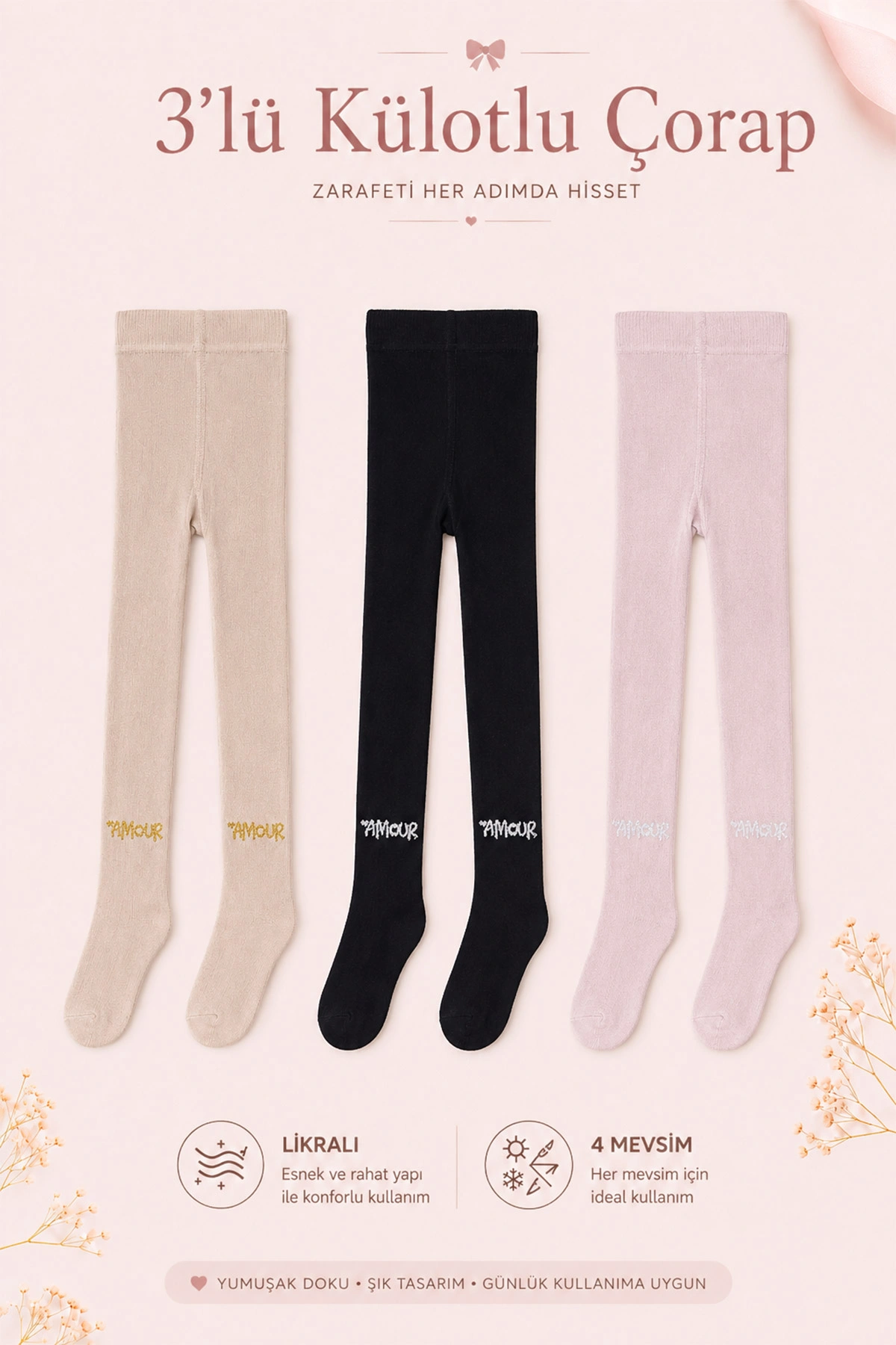Çoklu Renk (2-8 Yaş) Soft Desen Baskılı 3'lü Kız Çocuk Külotlu Çorap 471803
