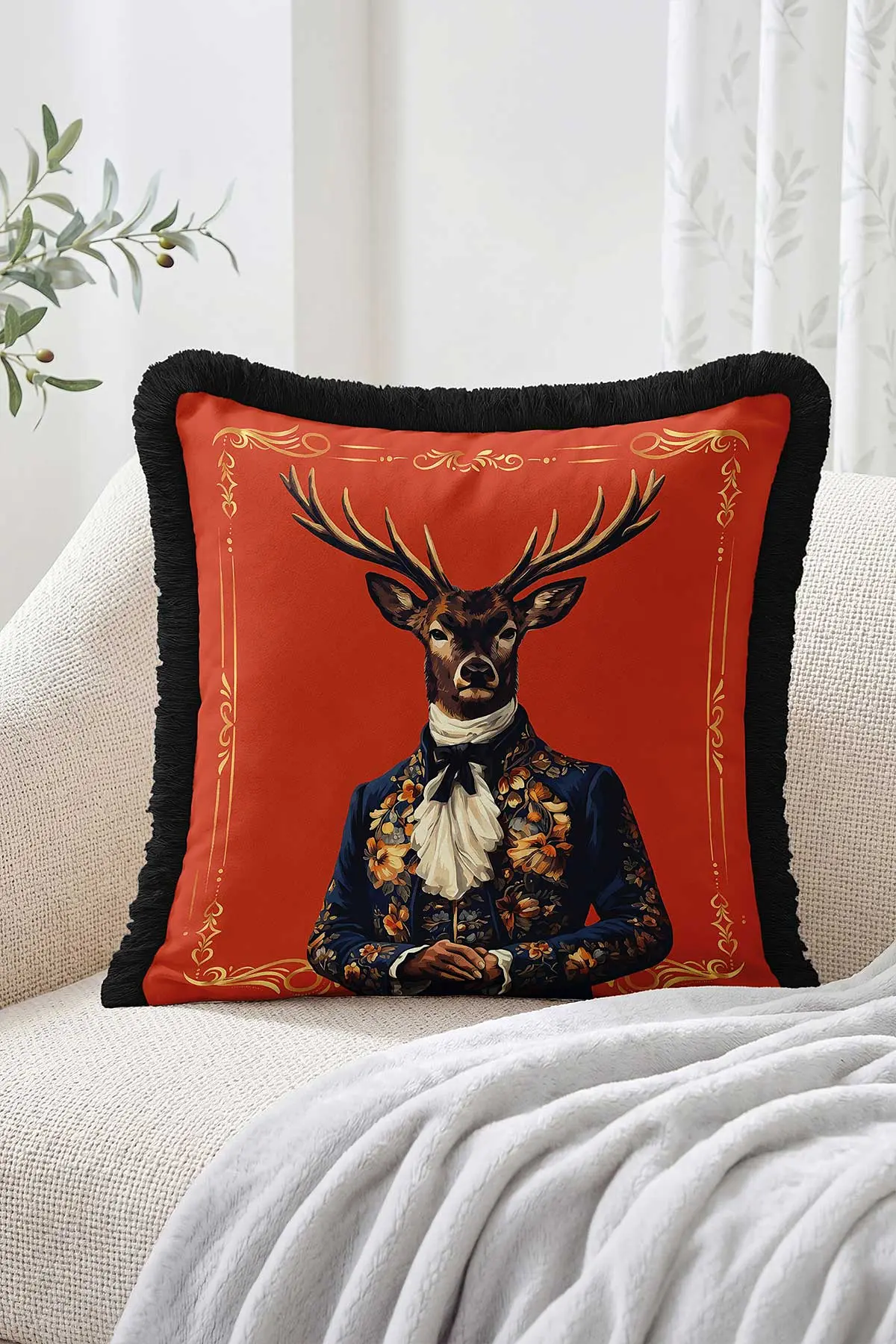 43x43 Cm Dijital Baskılı Fermuarlı Çift Taraflı Saçaklı Kırlent Kılıfı 483428