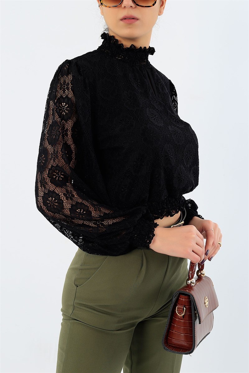 Dantelli Astarlı Siyah Bluz 29417B