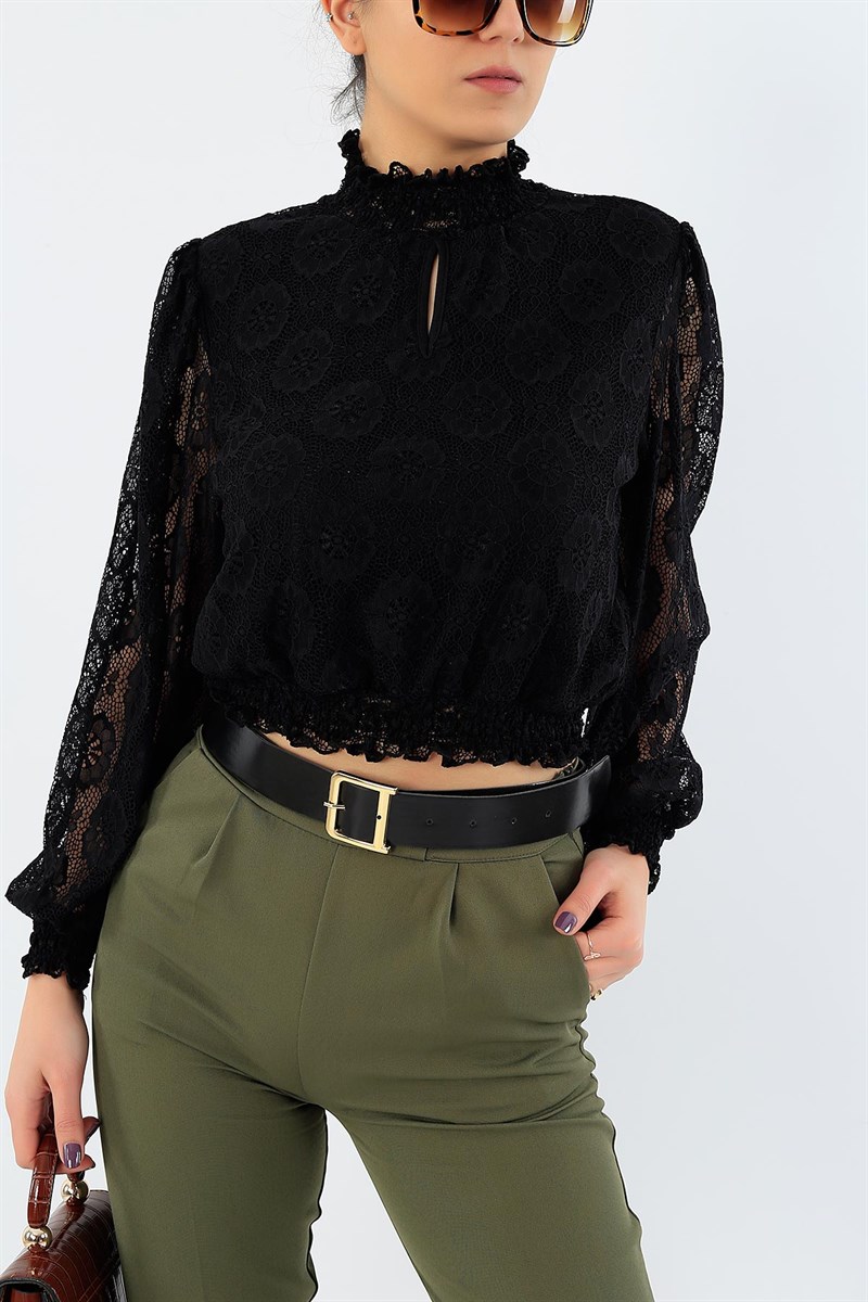 Dantelli Astarlı Siyah Bluz 29417B