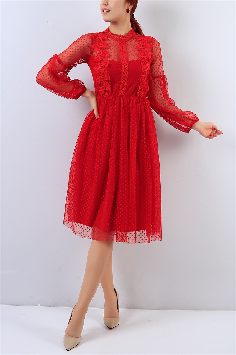 Dantelli Kırmızı Tül Elbise 18570B
