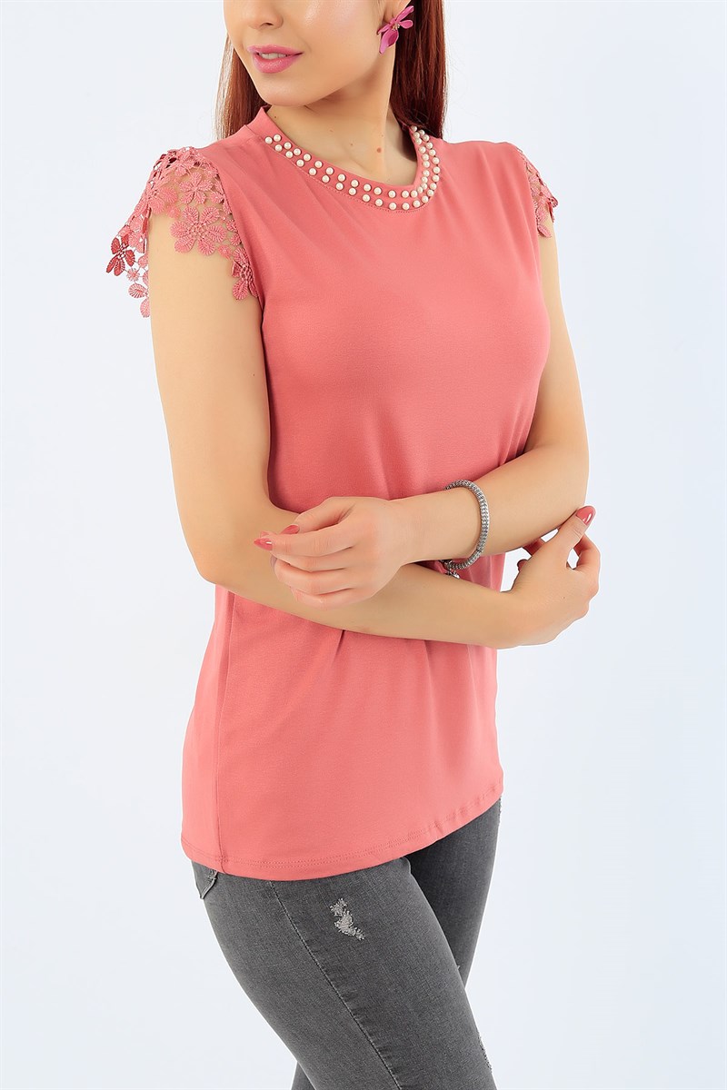 Dantelli Omuz İncili Yaka Bluz 31855