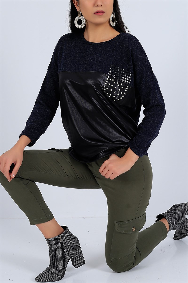Deri Garnili İnci İşlemeli Lacivert Bluz 25877B