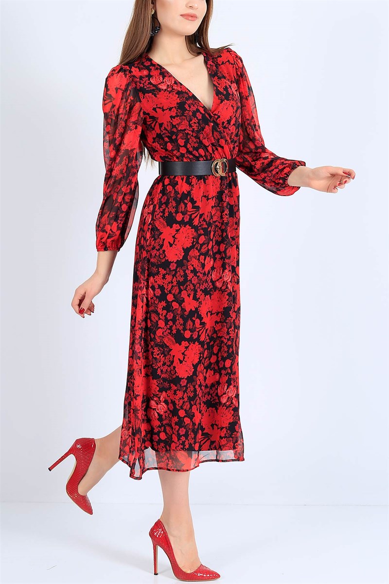 Deri Kemerli Astarlı Kırmızı Şifon Elbise 25754B
