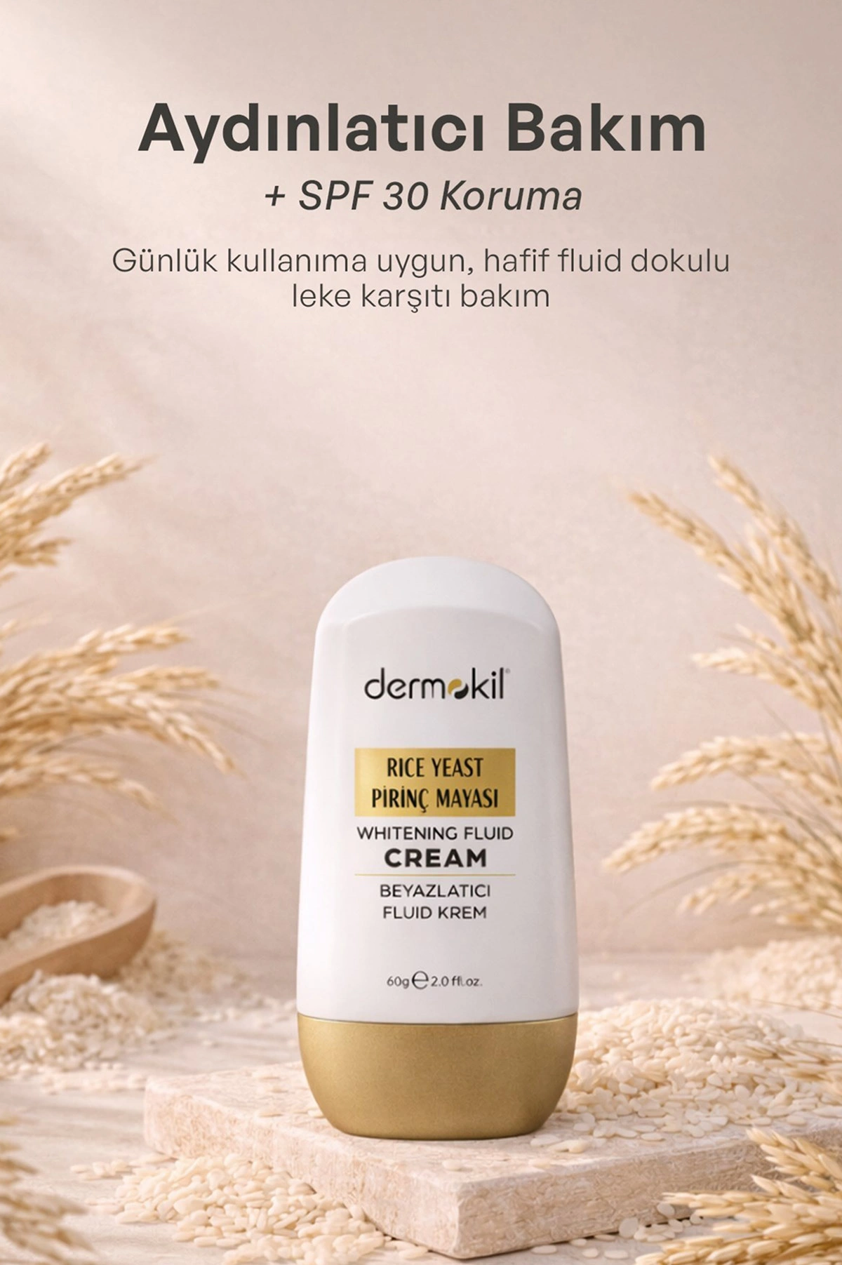 Dermokil Pirinç Mayası Beyazlatıcı Fluid Güneş Koruyucu Yüz Krem 30 SPF 60 g 466581