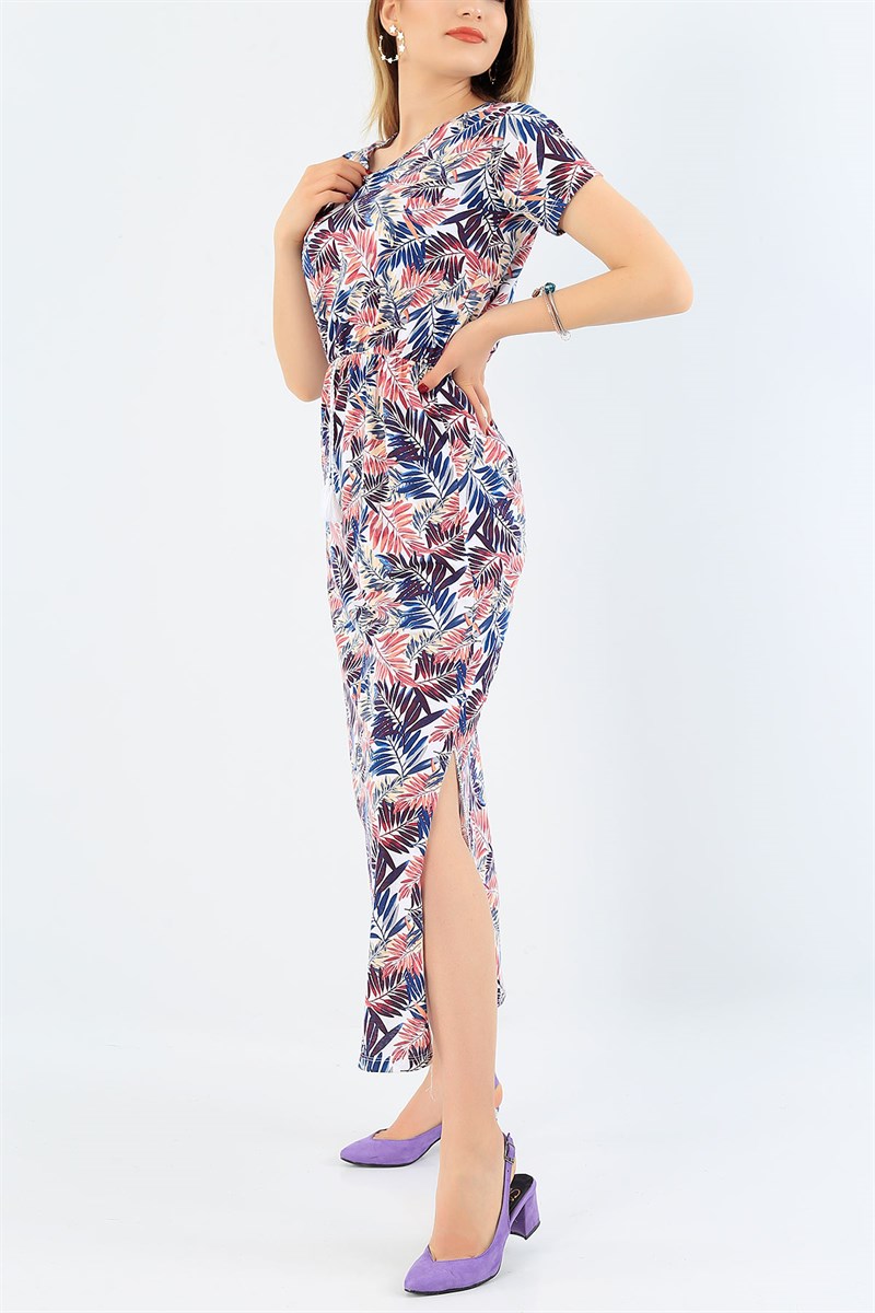 Desenli Beli Lastikli Elbise 35007