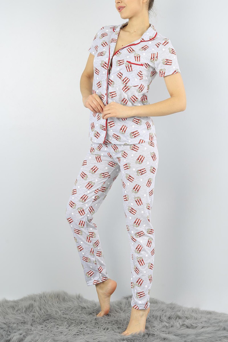 Desenli Düğmeli Baskılı Bayan Pijama Takımı 55002