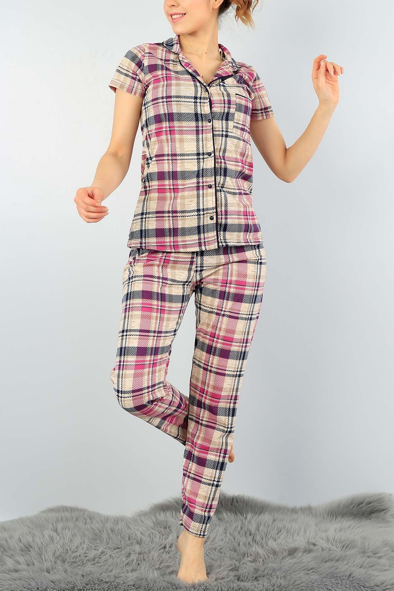 Desenli Düğmeli Baskılı Bayan Pijama Takımı 57434