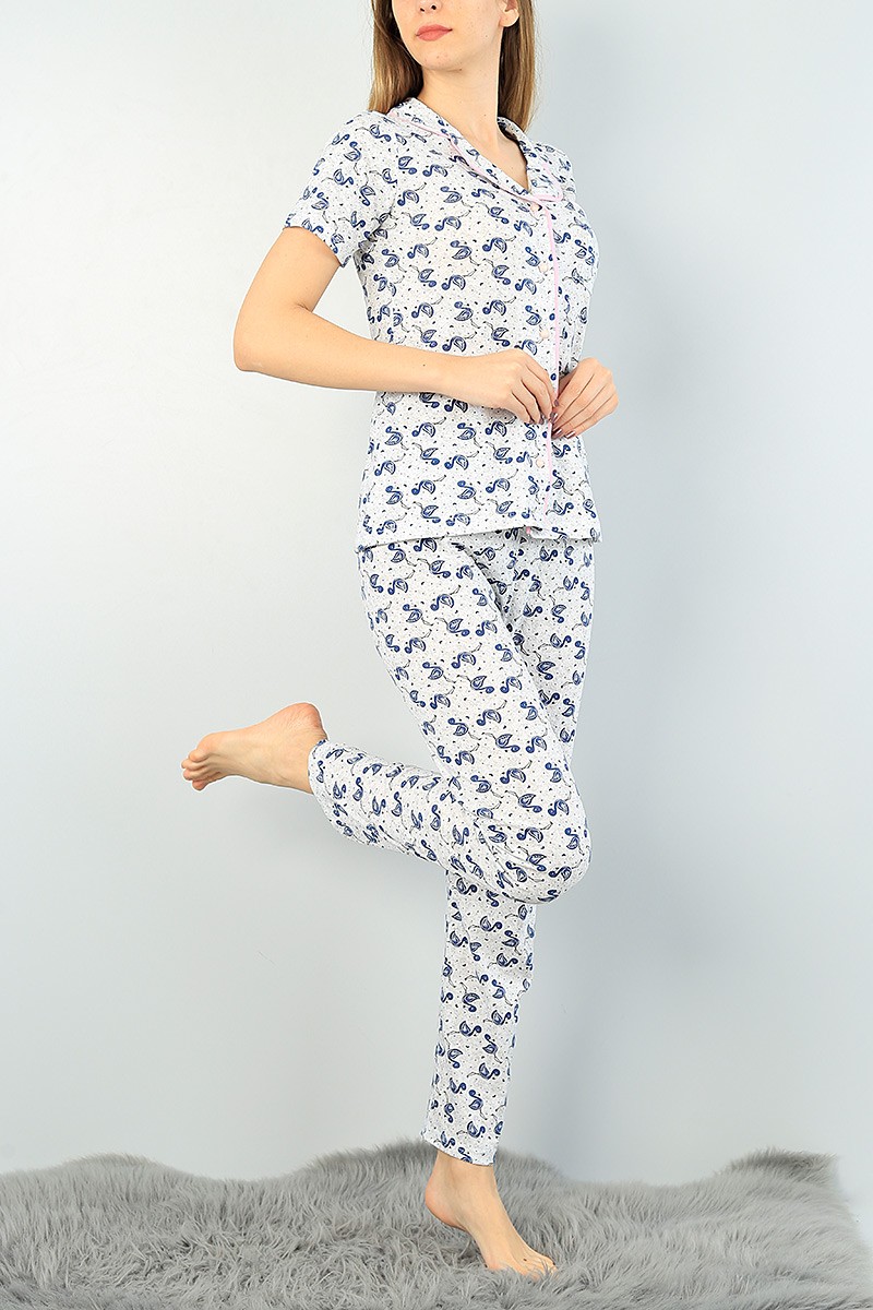 Desenli Düğmeli Bayan  Baskılı Pijama Takımı 62877