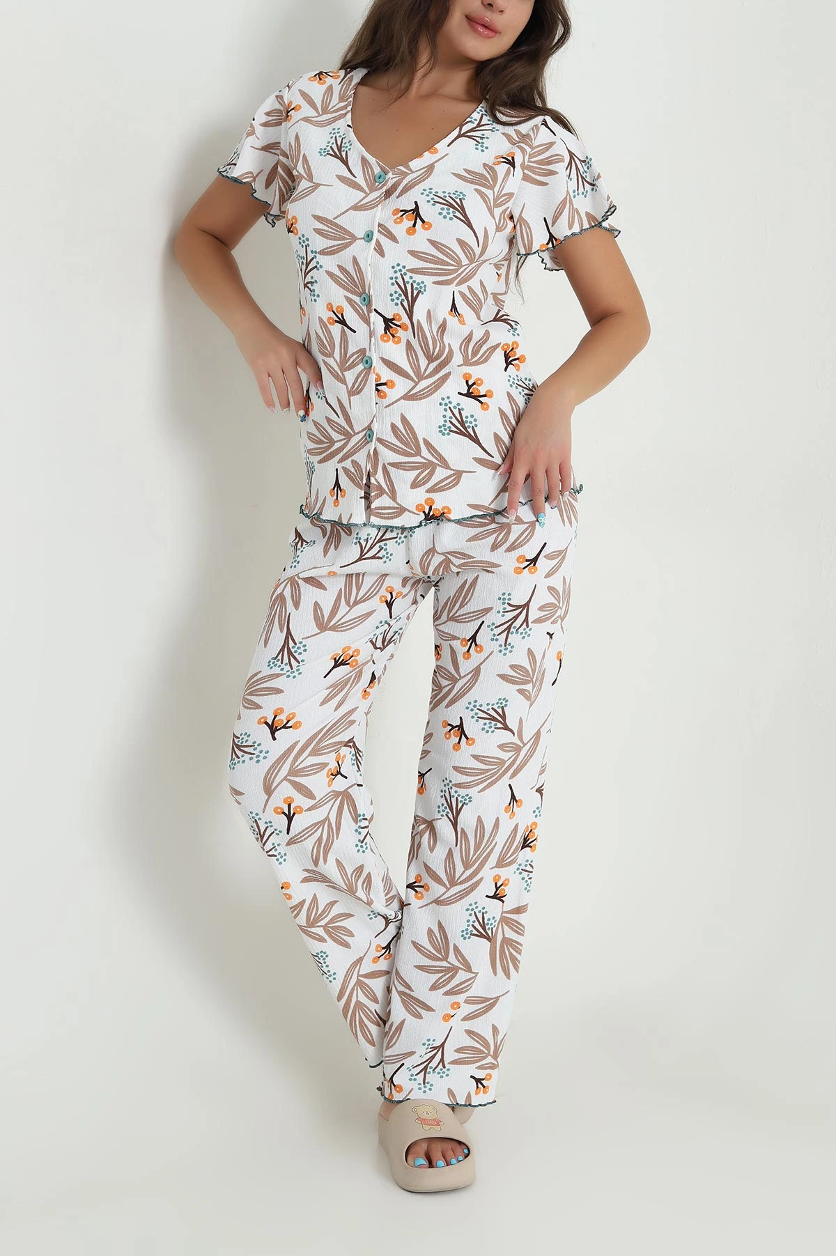 Desenli Düğmeli Bürümcük Kadın Pijama Takımı 479565