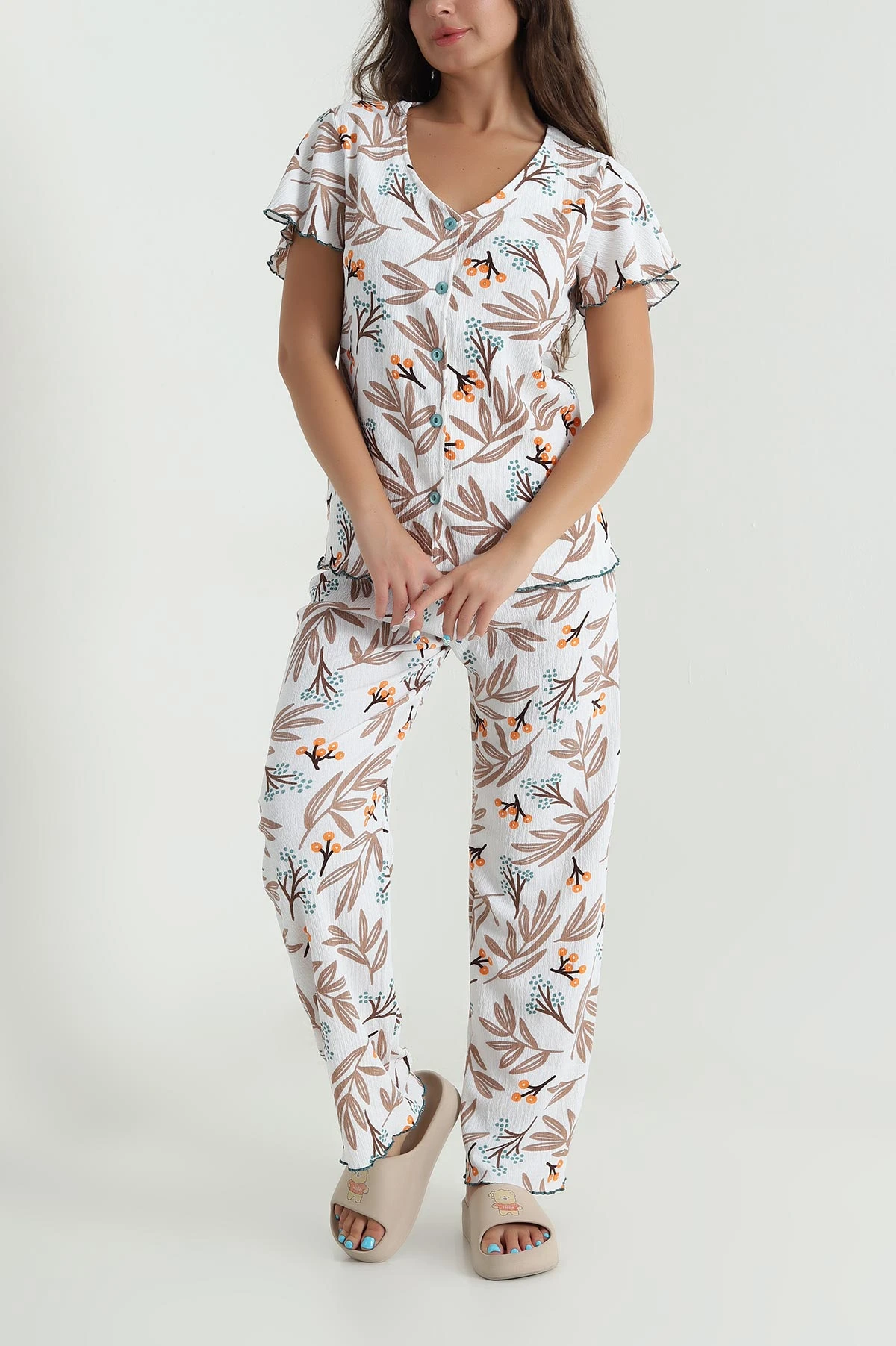 Desenli Düğmeli Bürümcük Kadın Pijama Takımı 479565