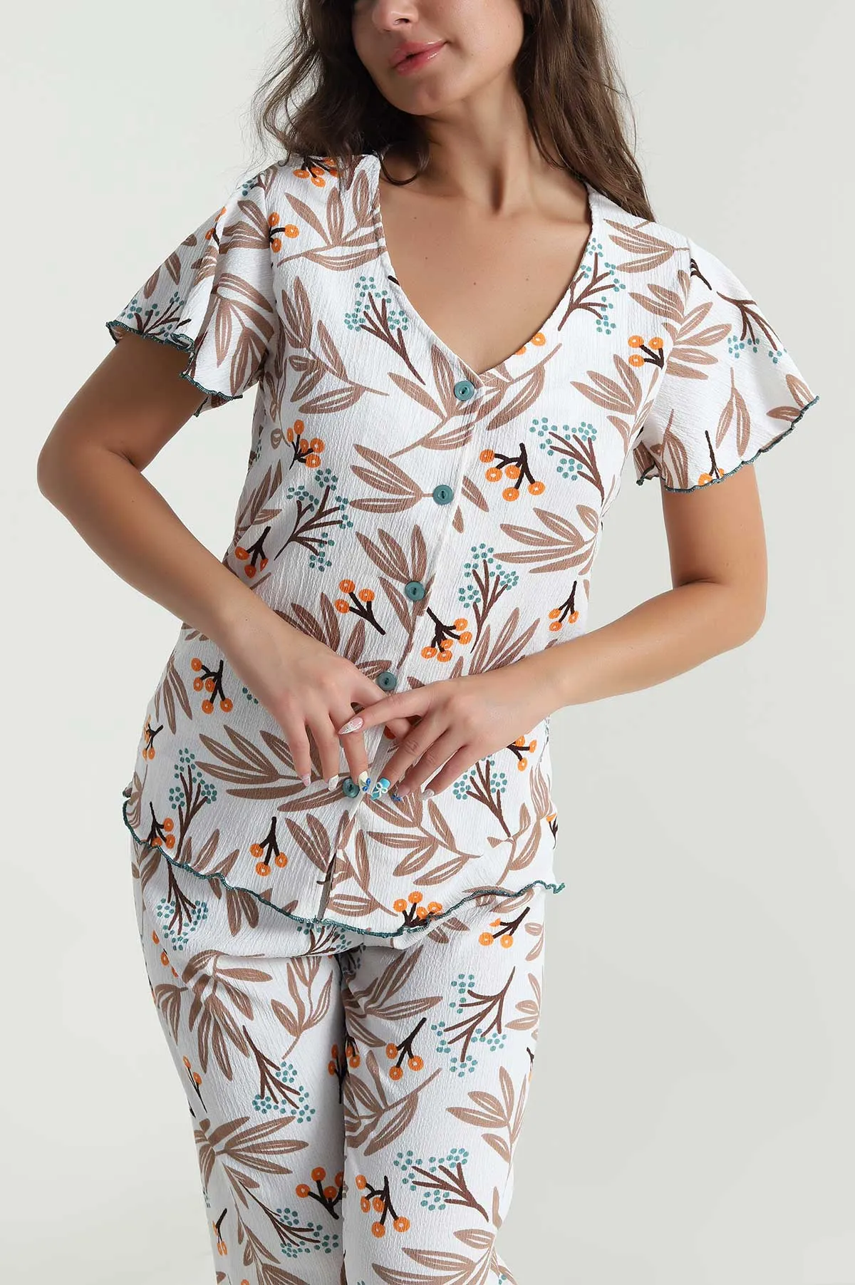 Desenli Düğmeli Bürümcük Kadın Pijama Takımı 479565