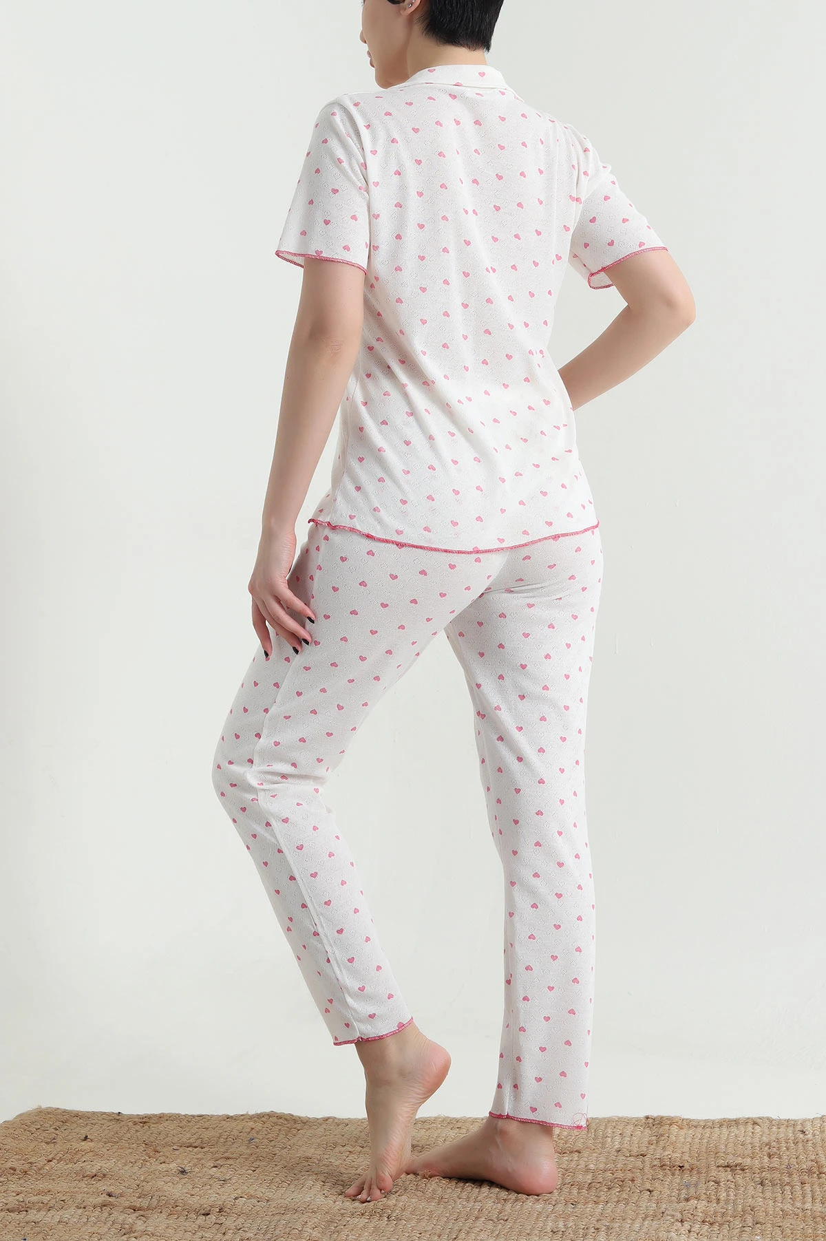 Desenli Düğmeli Kısa Kollu Kadın Pijama Takımı 454587