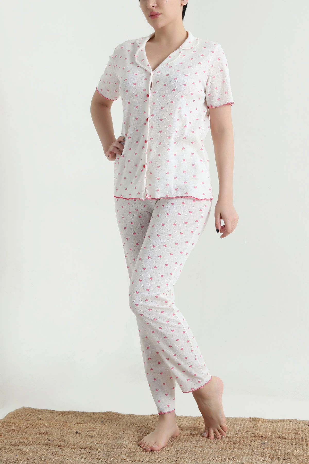 Desenli Düğmeli Kısa Kollu Kadın Pijama Takımı 454587