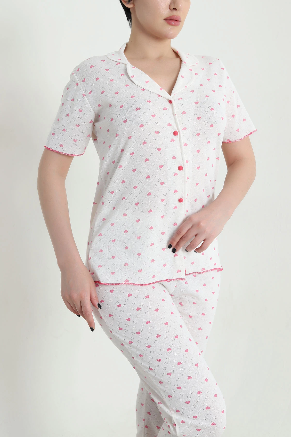 Desenli Düğmeli Kısa Kollu Kadın Pijama Takımı 454587