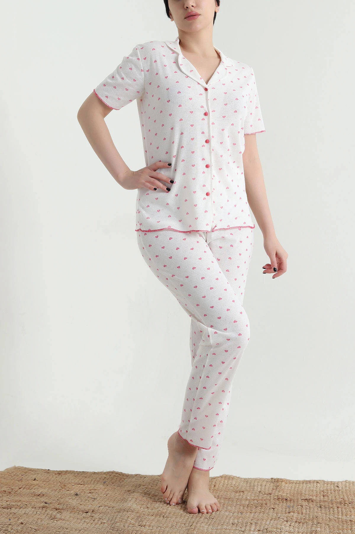 Desenli Düğmeli Kısa Kollu Kadın Pijama Takımı 454587