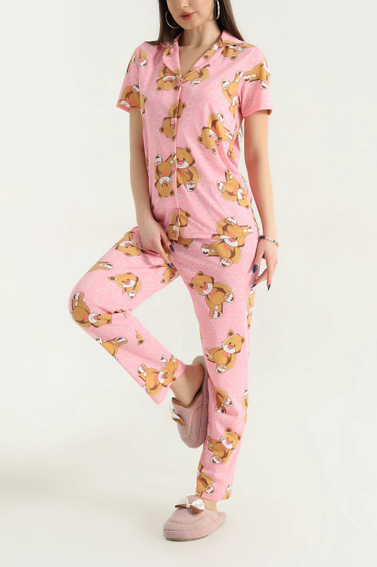 Desenli Düğmeli Viskon Kadın Pijama Takımı 338282
