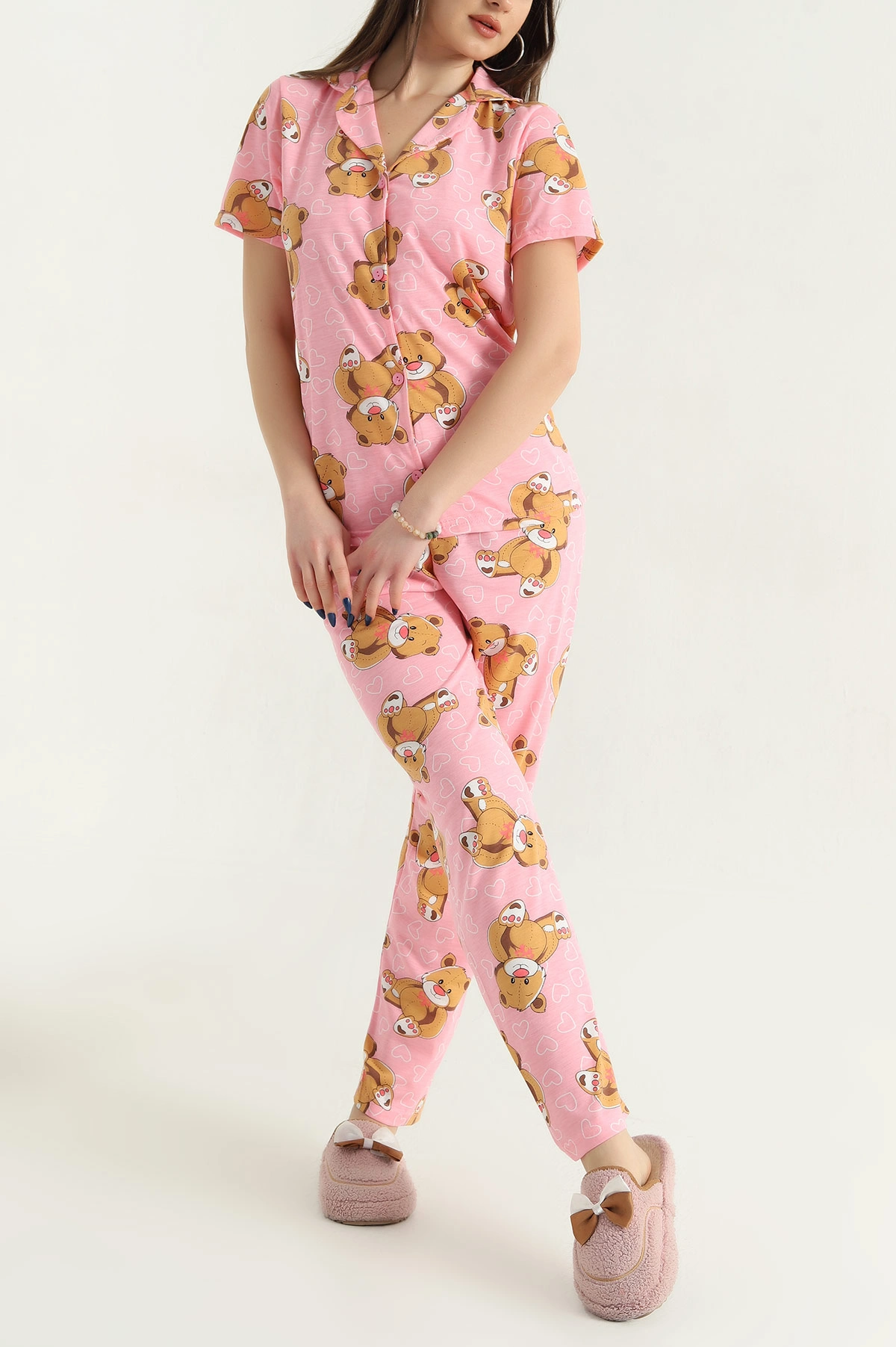 Desenli Düğmeli Viskon Kadın Pijama Takımı 338282