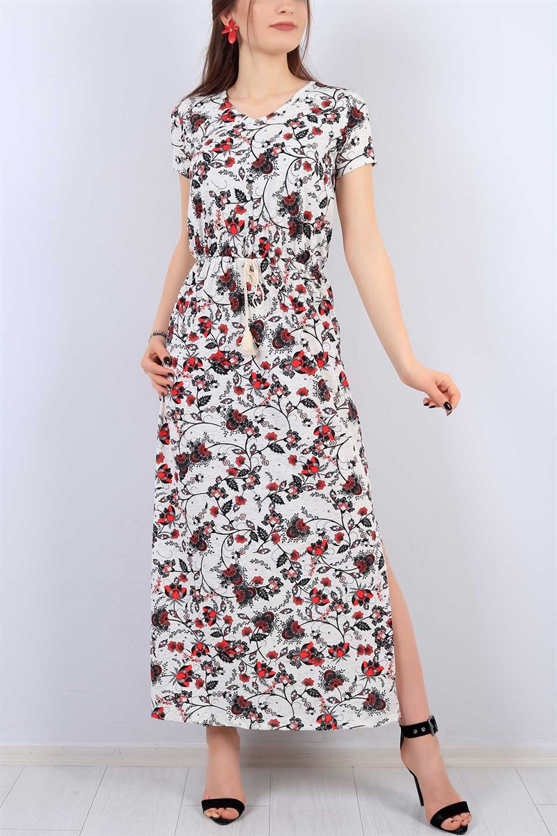 Desenli Lastik Bel Yırtmaçlı Bayan Elbise 14822B