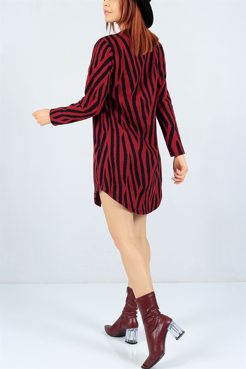 Desenli Selanik Kumaş Bordo Elbise 23003B