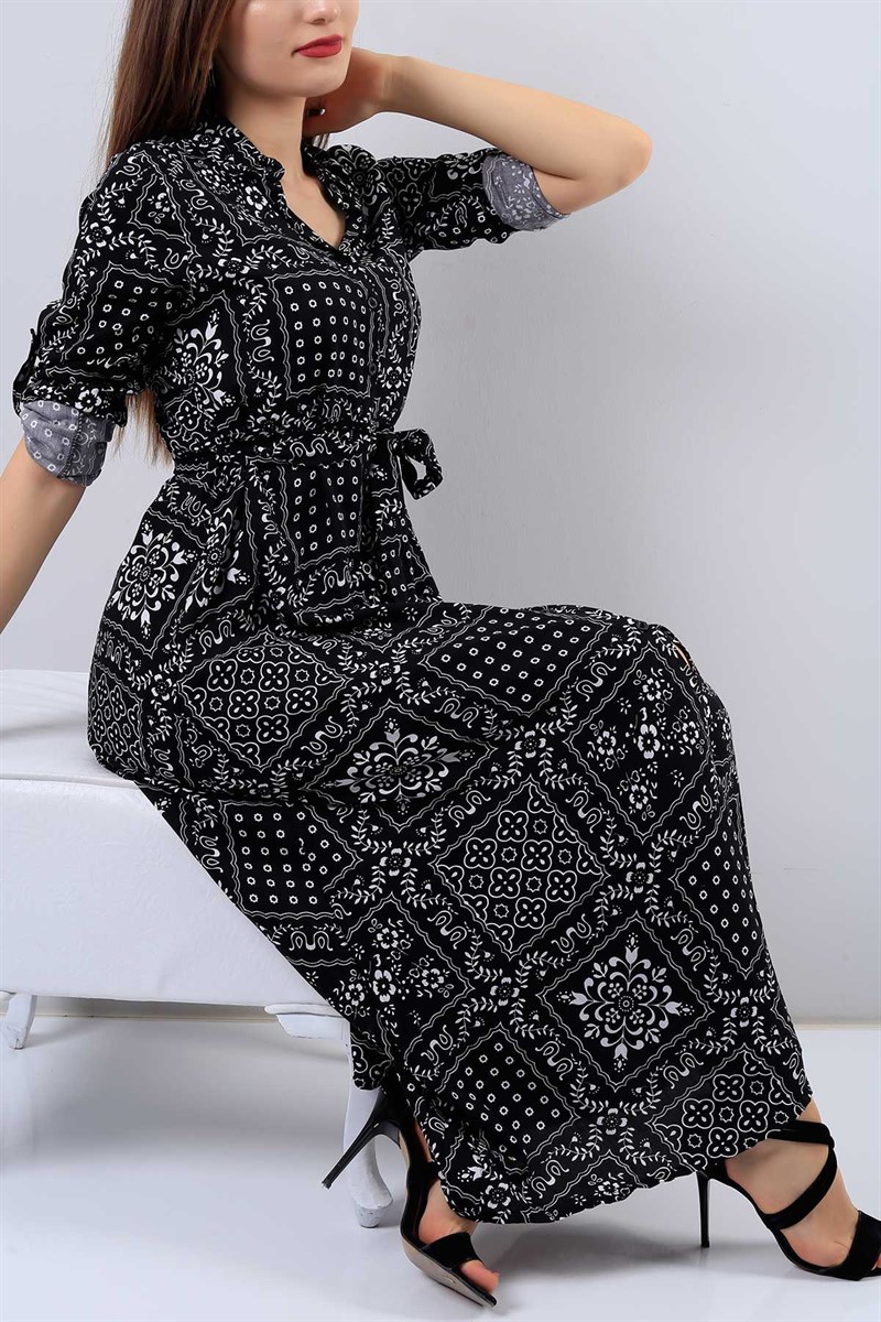 Desenli Siyah Uzun Kollu Elbise 16771B
