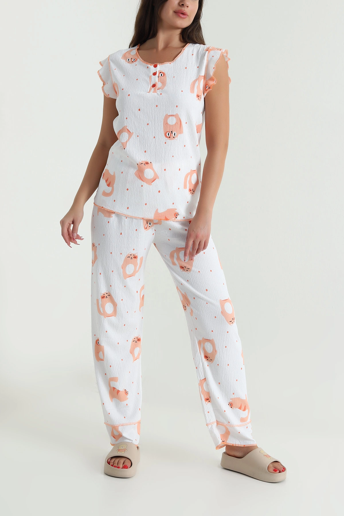 Desenli Yaka Düğmeli Bürümcük Kadın Pijama Takımı 479571
