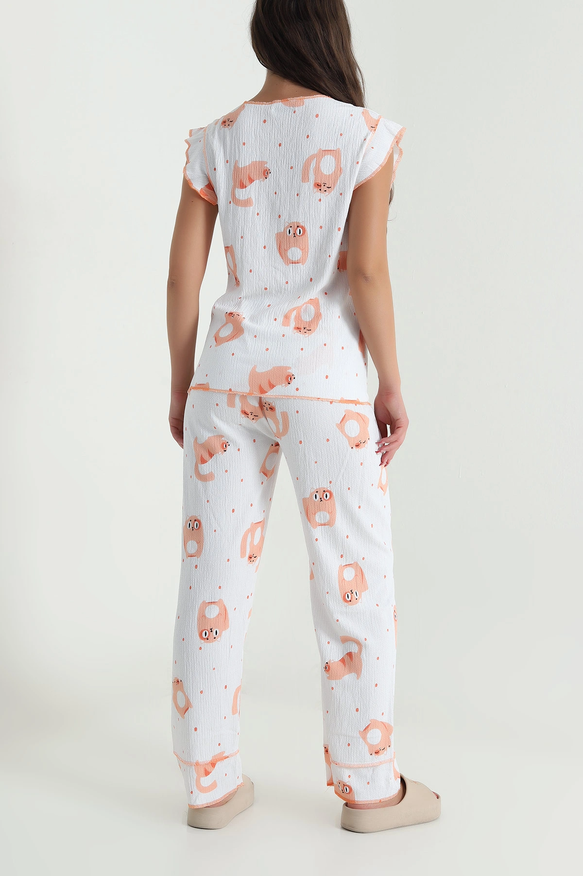 Desenli Yaka Düğmeli Bürümcük Kadın Pijama Takımı 479571