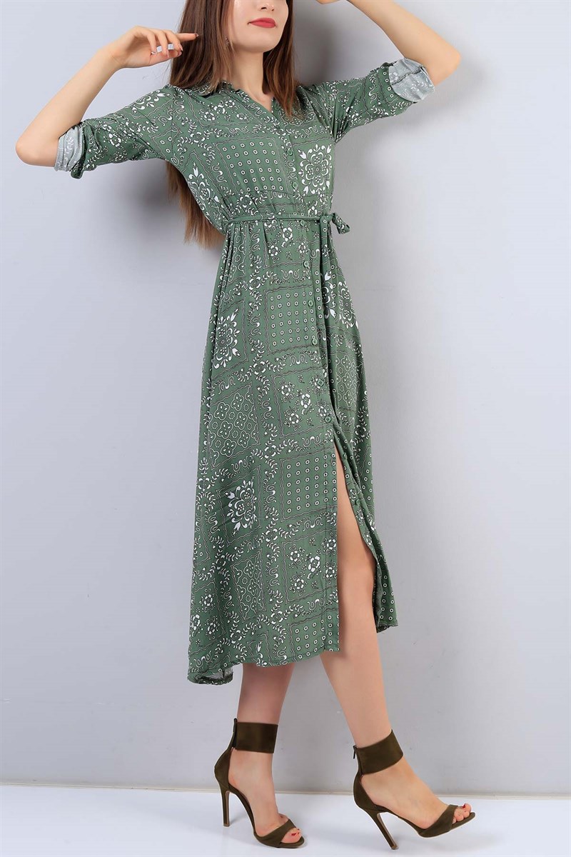 Desenli Yeşil Uzun Kollu Elbise 16773B