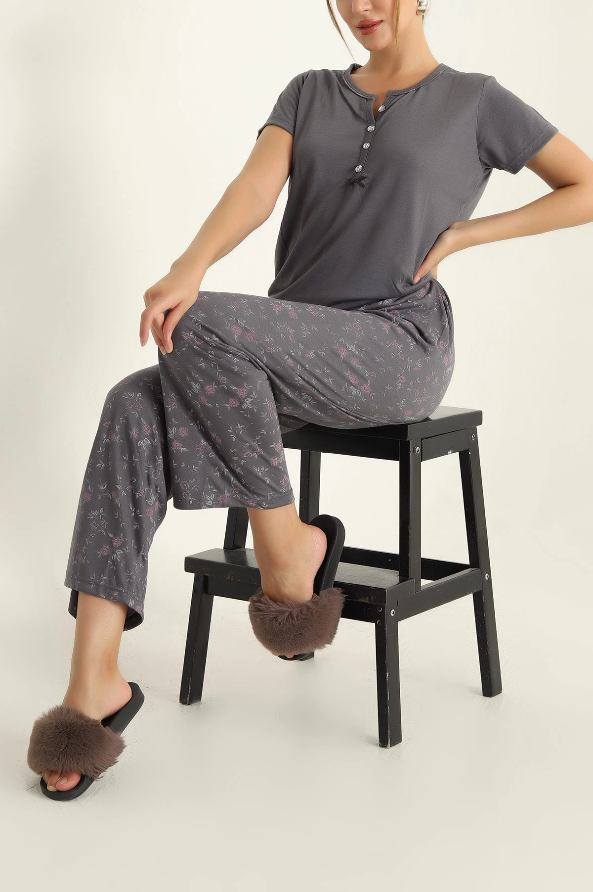 Düğmeli Viskon Bayan Pijama Takımı 289219