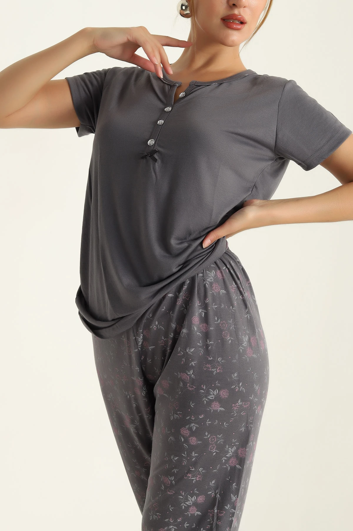 Düğmeli Viskon Bayan Pijama Takımı 289219