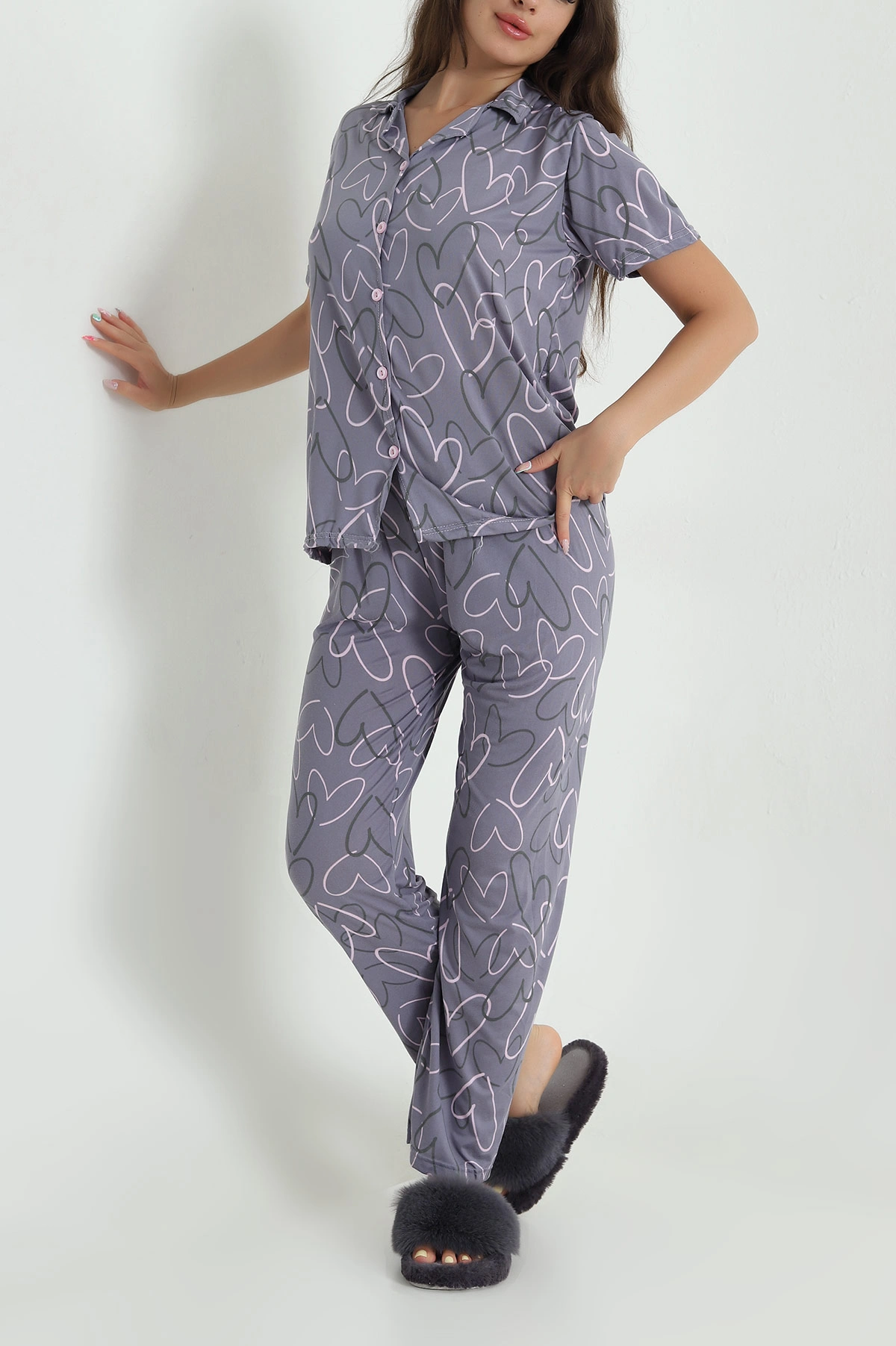 Düğmeli Viskon  Kadın Pijama Takımı 466687