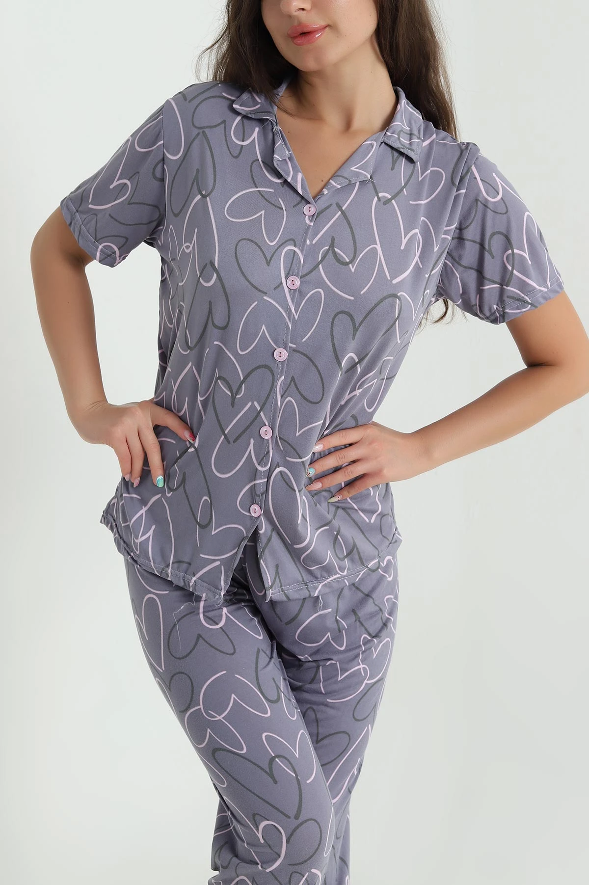 Düğmeli Viskon  Kadın Pijama Takımı 466687