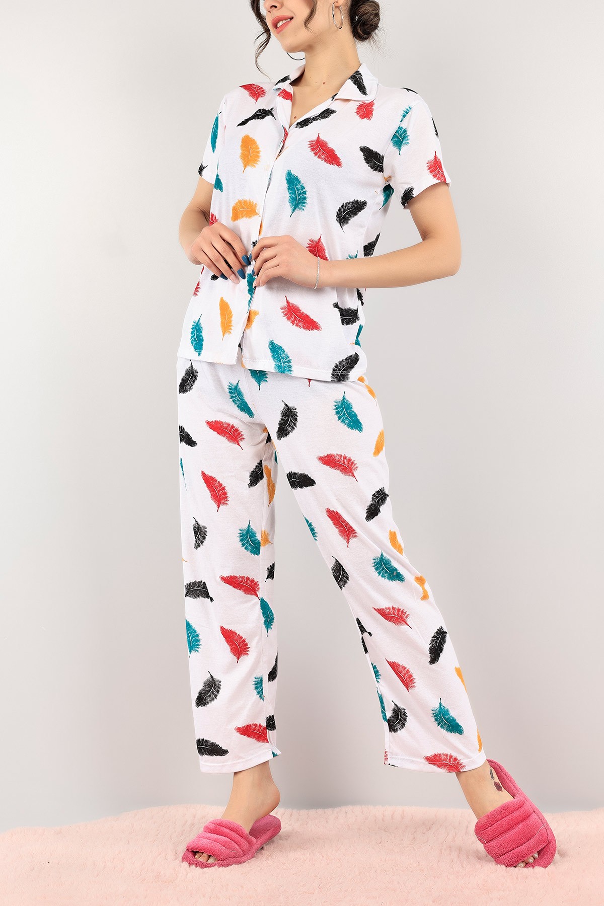 Düğmeli Yaprak Desenli Bayan Pijama Takımı 110203