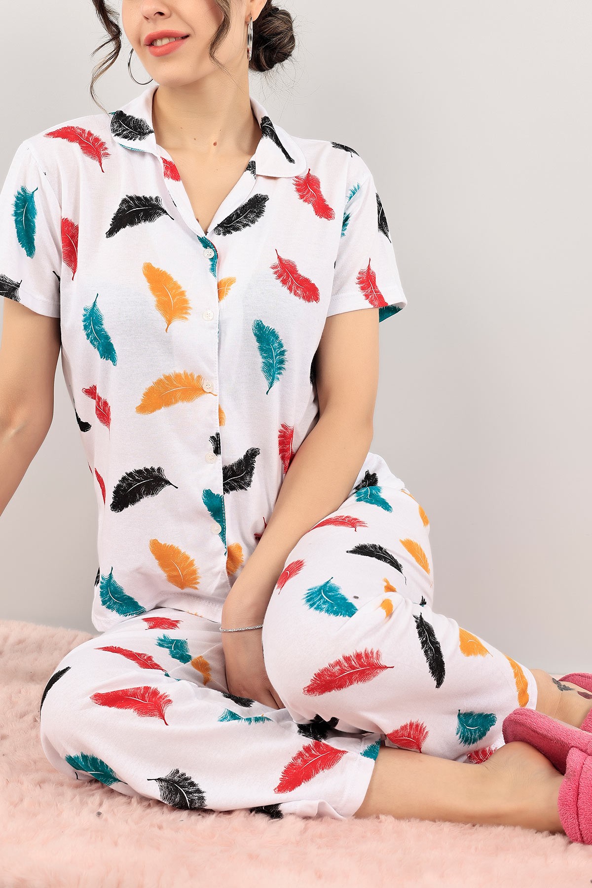 Düğmeli Yaprak Desenli Bayan Pijama Takımı 110203