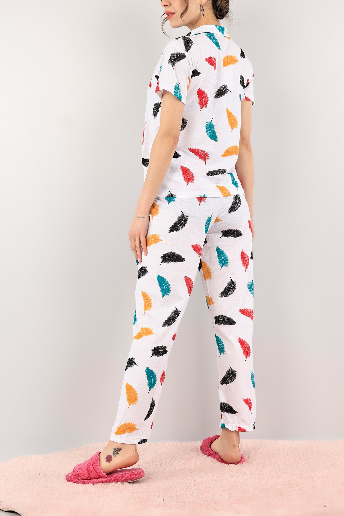 Düğmeli Yaprak Desenli Bayan Pijama Takımı 110203