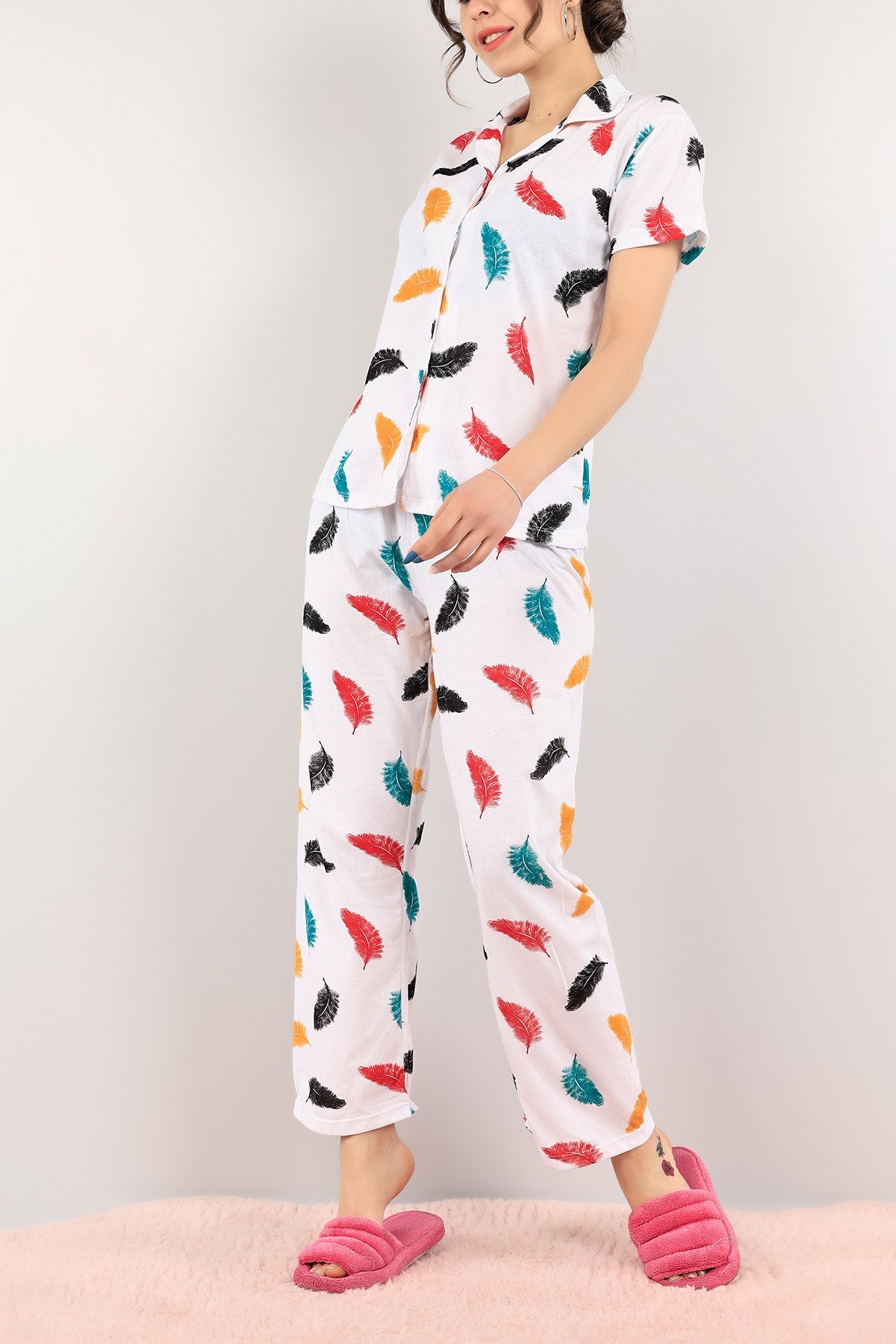 Düğmeli Yaprak Desenli Bayan Pijama Takımı 110203