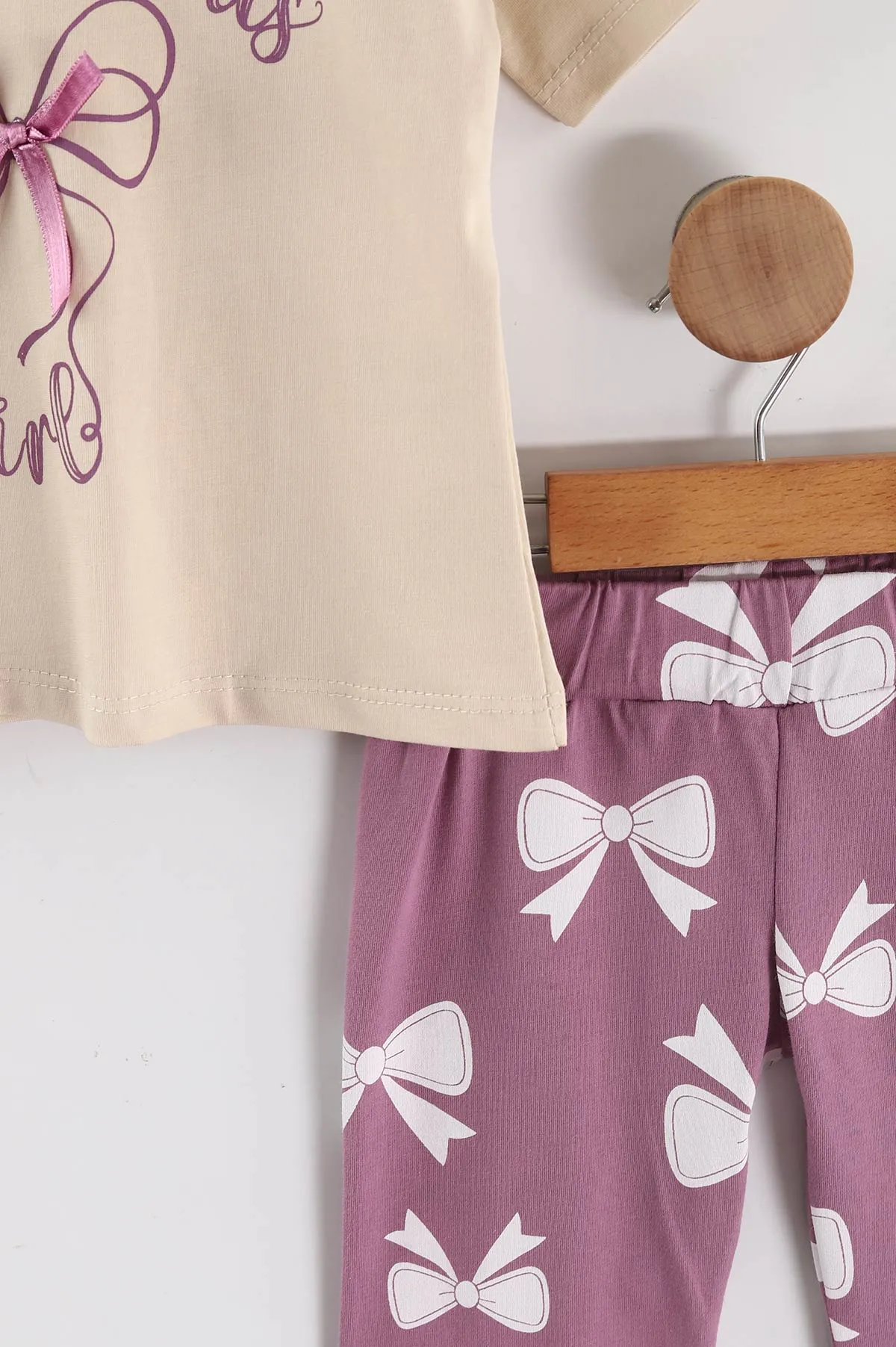 Eflatun (1-5 Yaş) Fiyonk Baskılı Tişört ve Pantolonlu Kız Çocuk 2'li Takım 458437