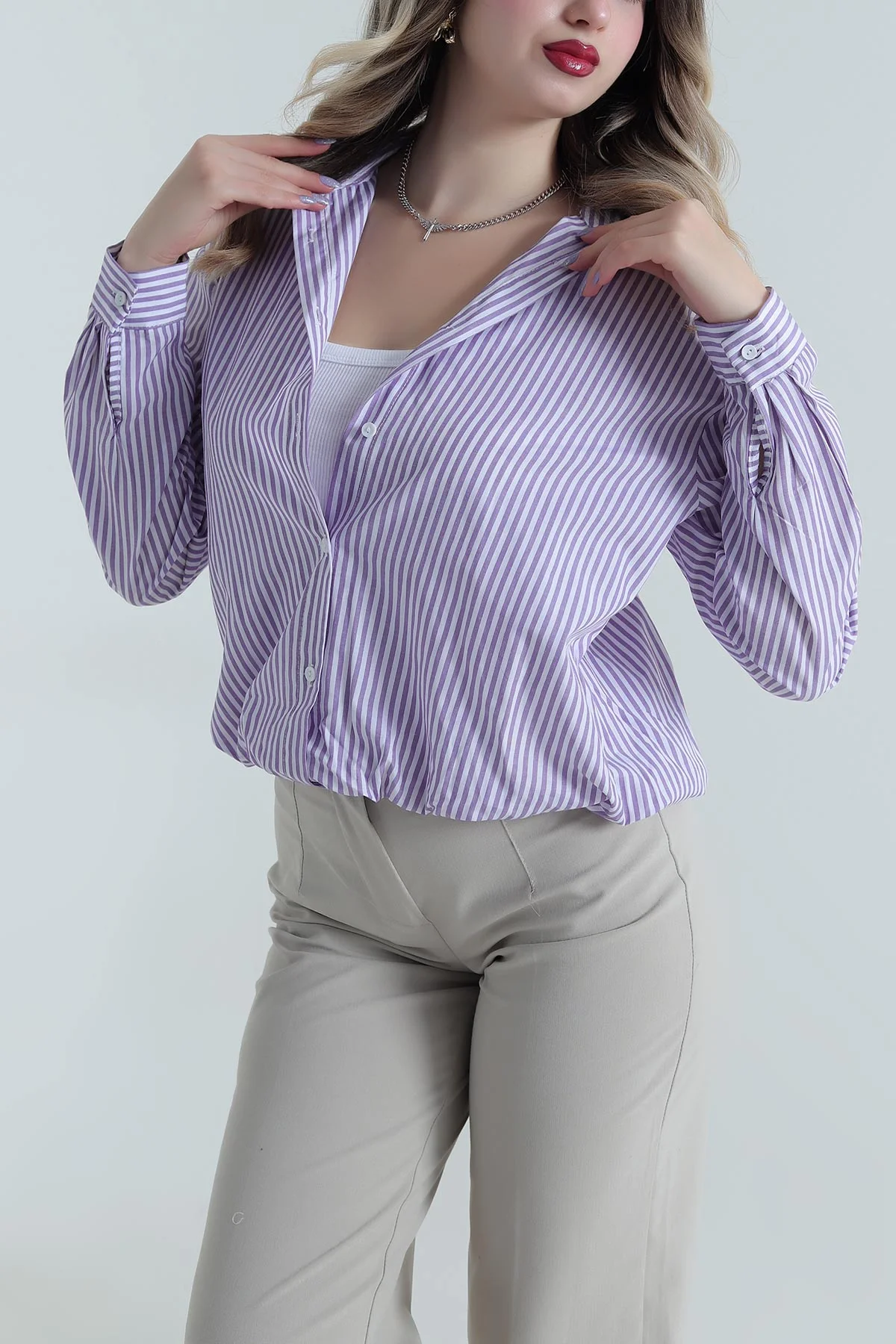 Eflatun Atlet Astarlı Çizgili Kadın Poplin Gömlek Bluz 495374