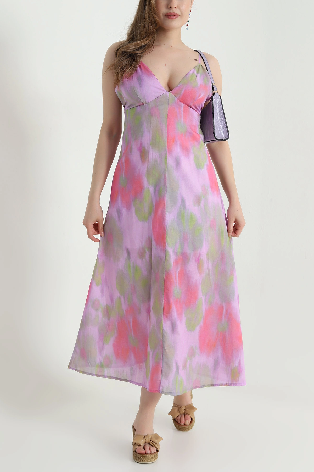 Eflatun Batik Desen Keten Kadın Elbise 469343
