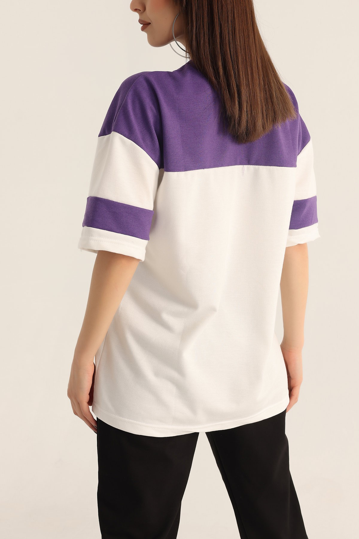 Eflatun İki İp Baskılı Oversize Tişört 174450