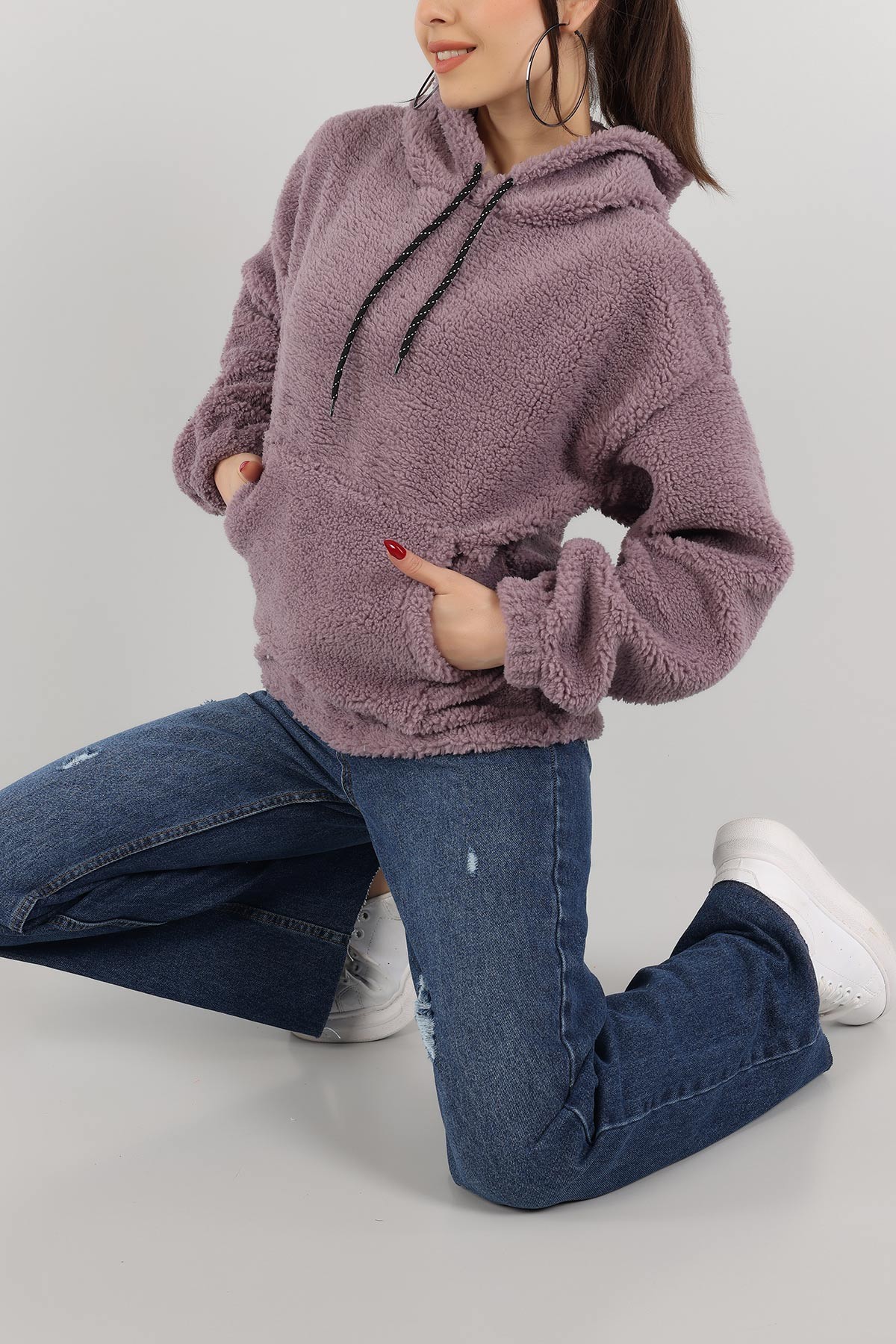 Eflatun Kapüşonlu Cepli Yumoş Sweat 151239
