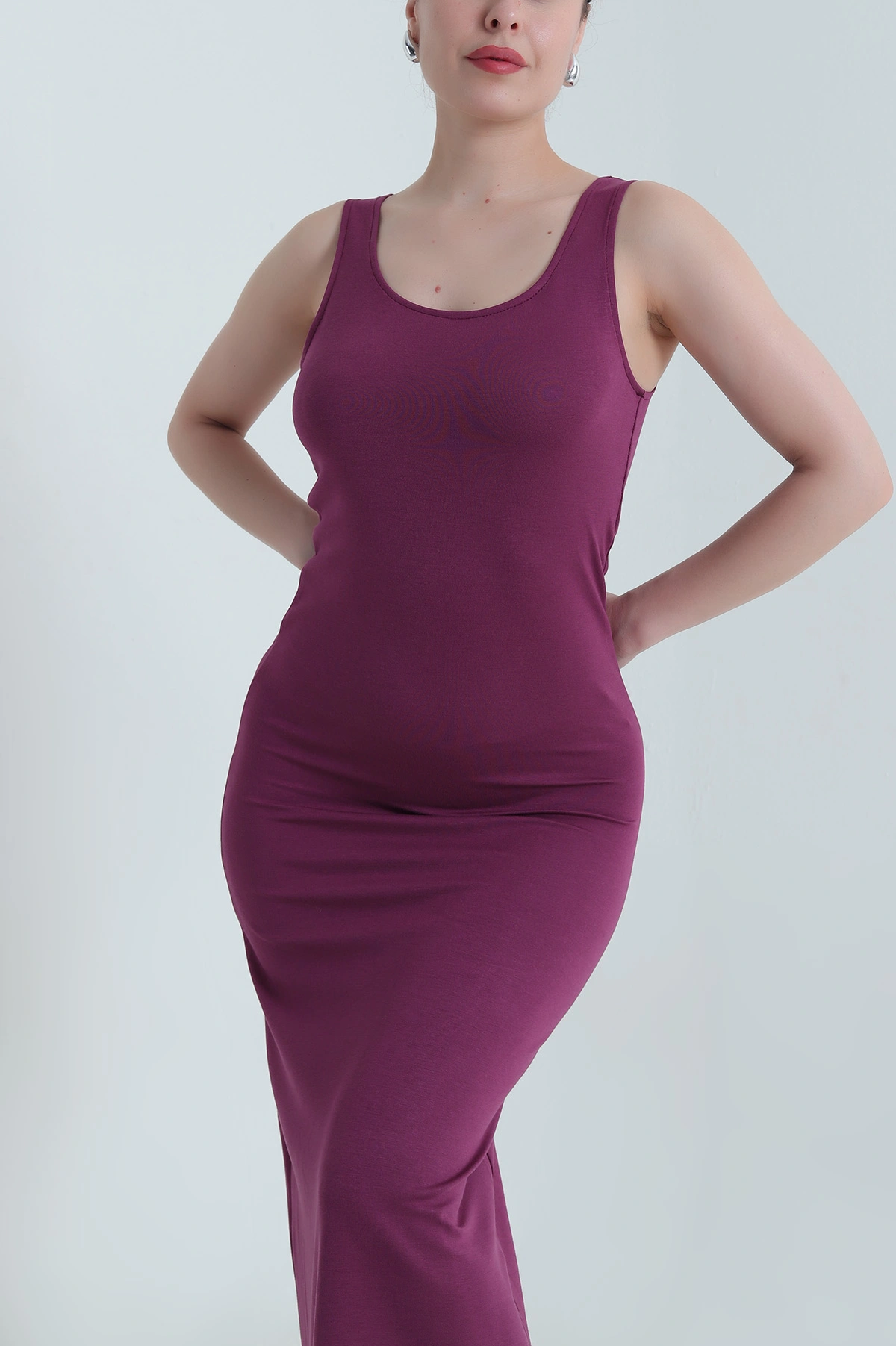 Eflatun Likralı Kolsuz Modal Kadın Elbise 467449